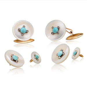 18K Yellow Gold Mother of Pearl Turquoise Button Cuff Links