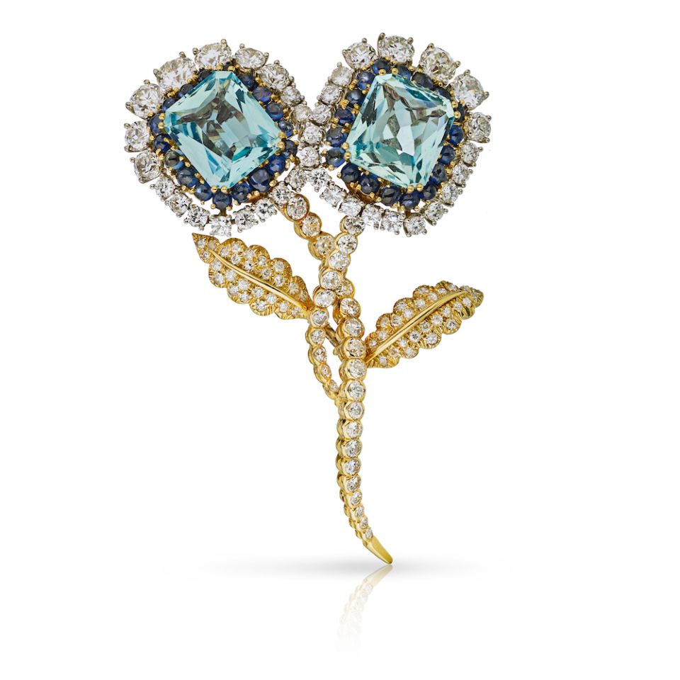 David Webb Circa 1970's Platinum & 18K Yellow Gold Aquamarine, Sapphire and Diamond Floral Motif Brooch - The Back Vault