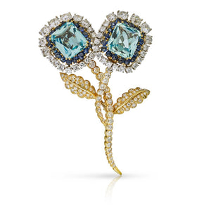 David Webb Circa 1970's Platinum & 18K Yellow Gold Aquamarine, Sapphire and Diamond Floral Motif Brooch