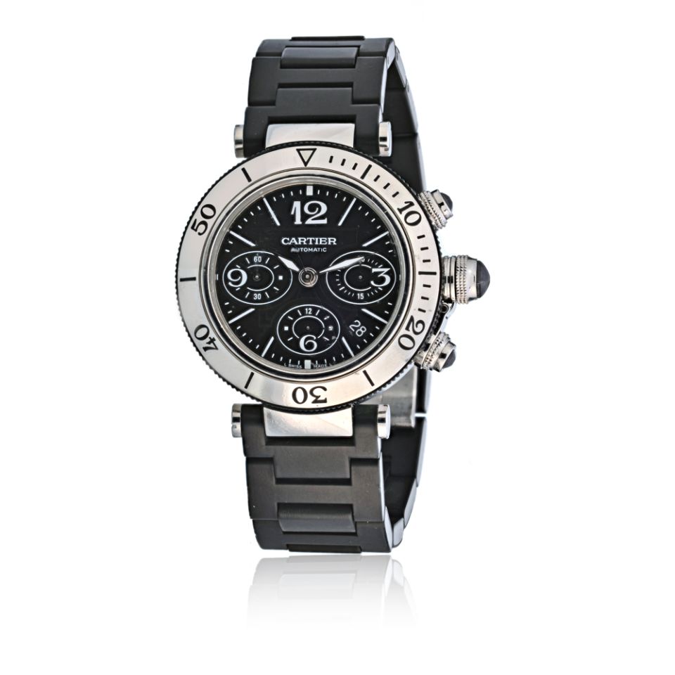 Cartier Pasha Seatimer Stainless Steel 42mm Chronograph Black Watch - The Back Vault