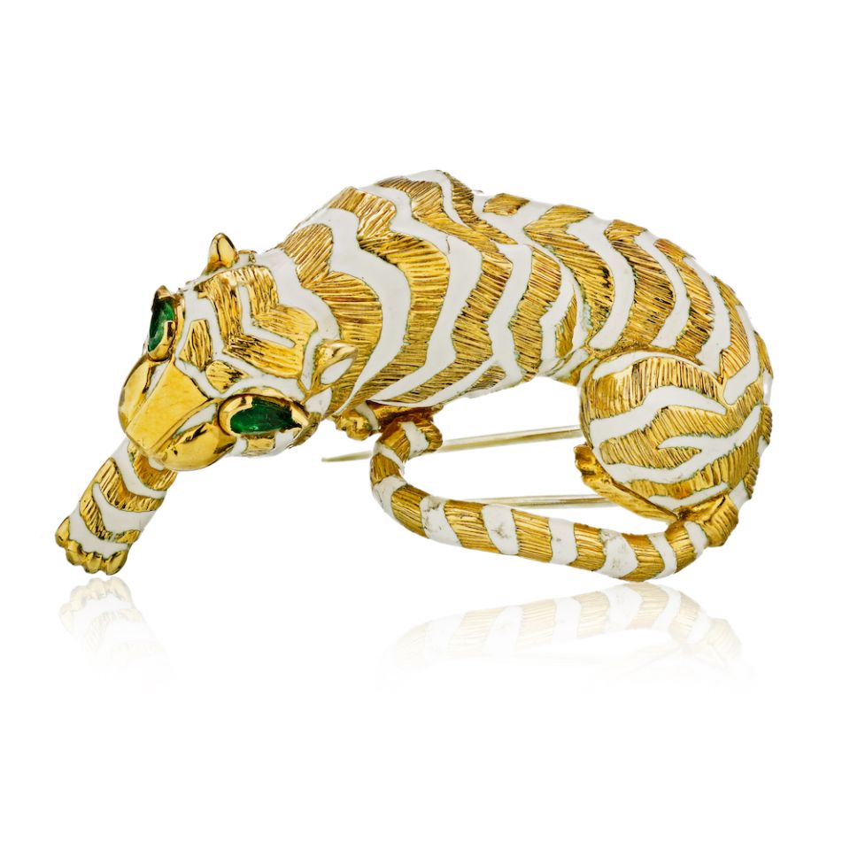 David Webb 18K Yellow Gold Tiger In white Enamael, Emerald Eyes Brooch - The Back Vault