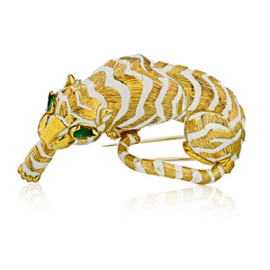 David Webb 18K Yellow Gold Tiger In white Enamael, Emerald Eyes Brooch