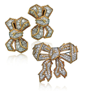 Platinum & 18K Yellow Gold 16.00 Carats Diamonds Earrings and Brooch Jewelry Set