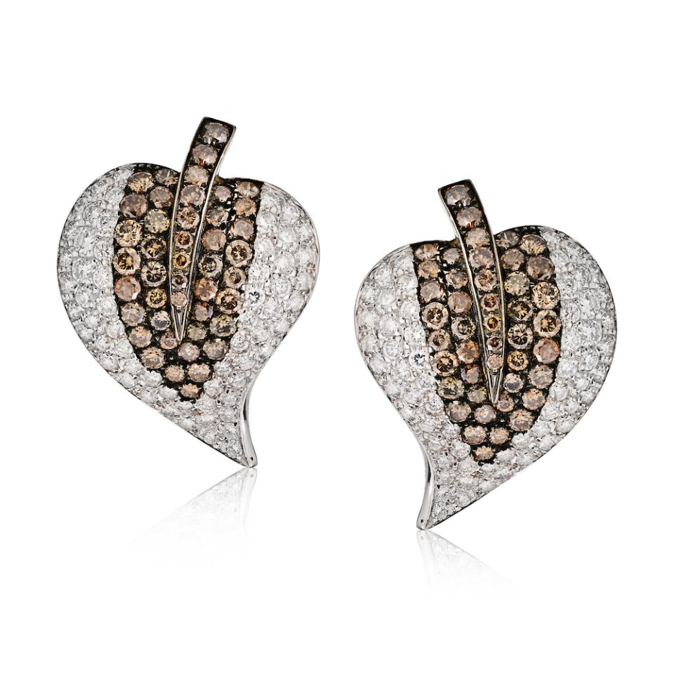 18K White Gold Champagne And White Diamond Leaf Earrings - The Back Vault Jewelry