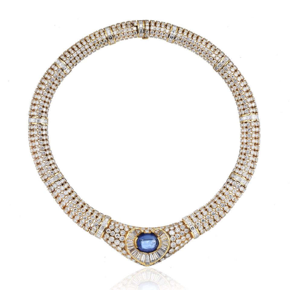 18K Yellow Gold Approx 7.50 ct Center Cab Sapphire & Dia Necklace - The Back Vault