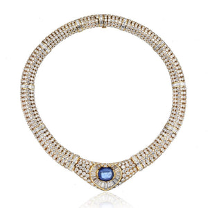 18K Yellow Gold Approx 7.50 ct Center Cab Sapphire & Dia Necklace