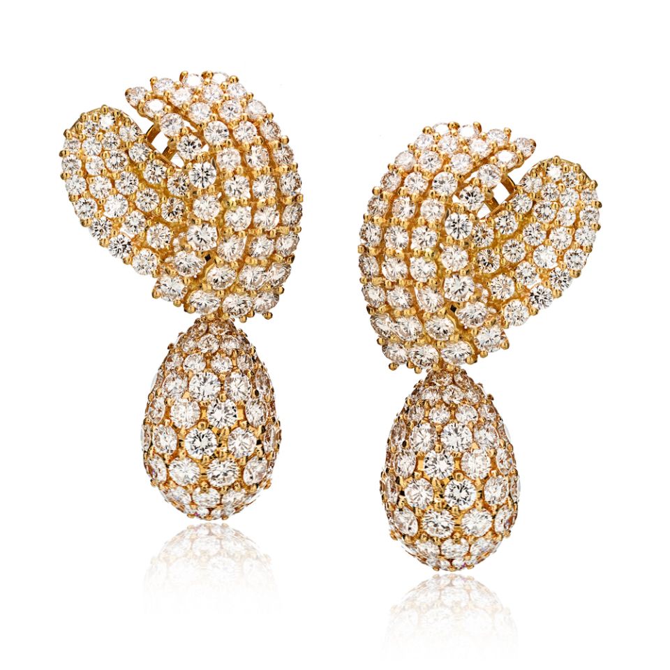 18K Yellow Gold 30.00 Carat Round Cut Diamond Drop Earrings - The Back Vault Jewelry