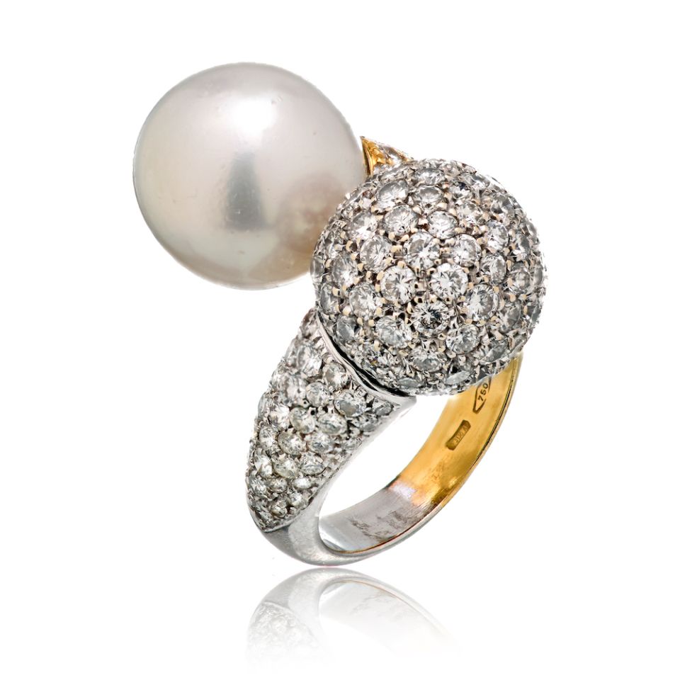 18K Two Tone Vintage Bypass Diamond And Pearl Ring - The Back Vault