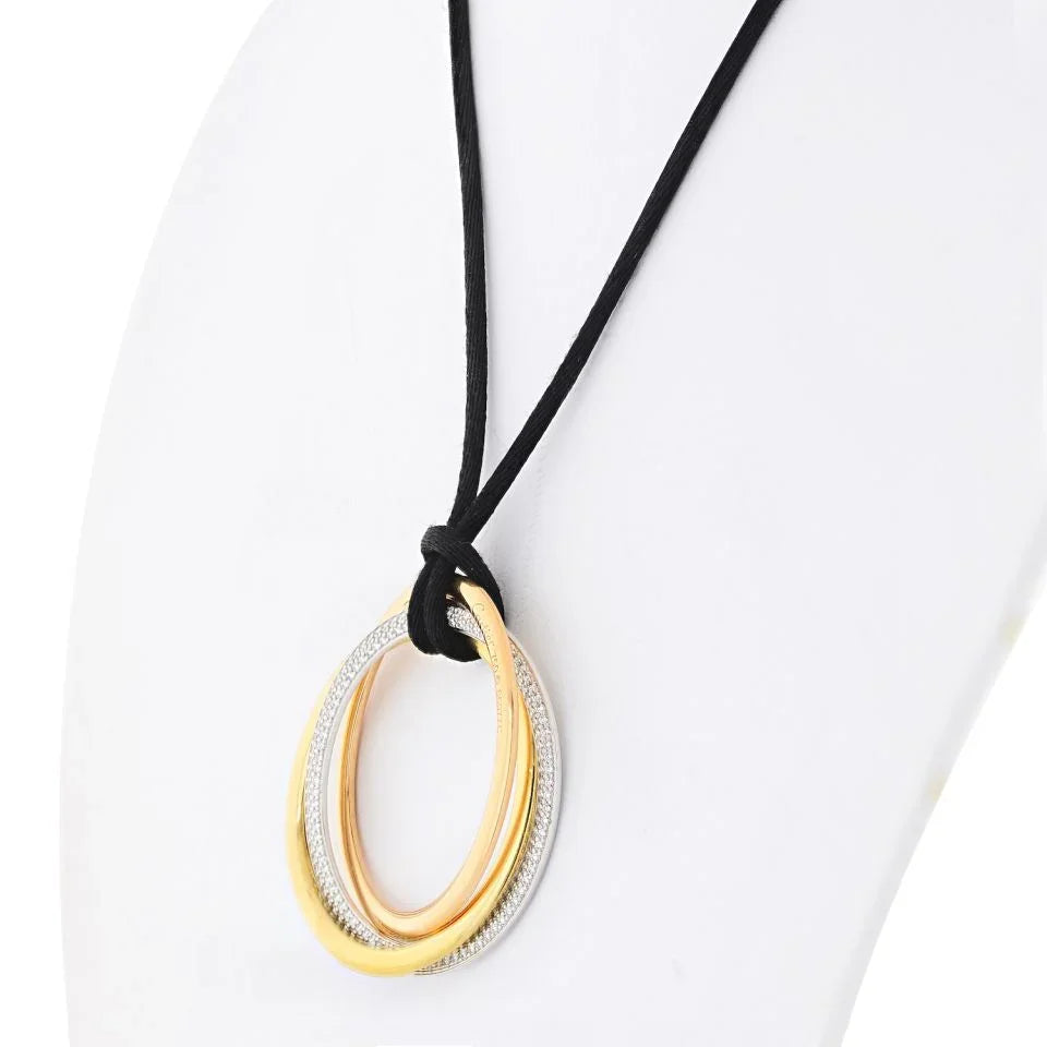 Cartier Trinity 18K Tri Color Pave Diamond Circles on Cord Pendant