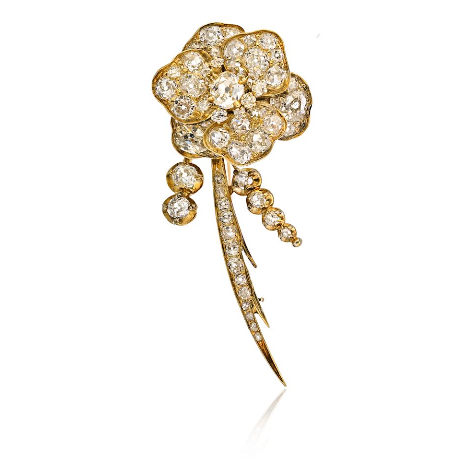 18K Yellow Gold Antique Victorian 5.50cts Diamond Flower Brooch - The Back Vault Jewelry