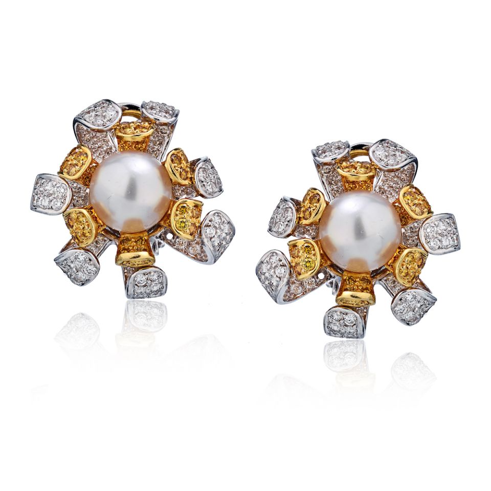 18K Two Tone Pear And Fancy Yellow And White Diamond Earrings - The Back Vault Jewelry