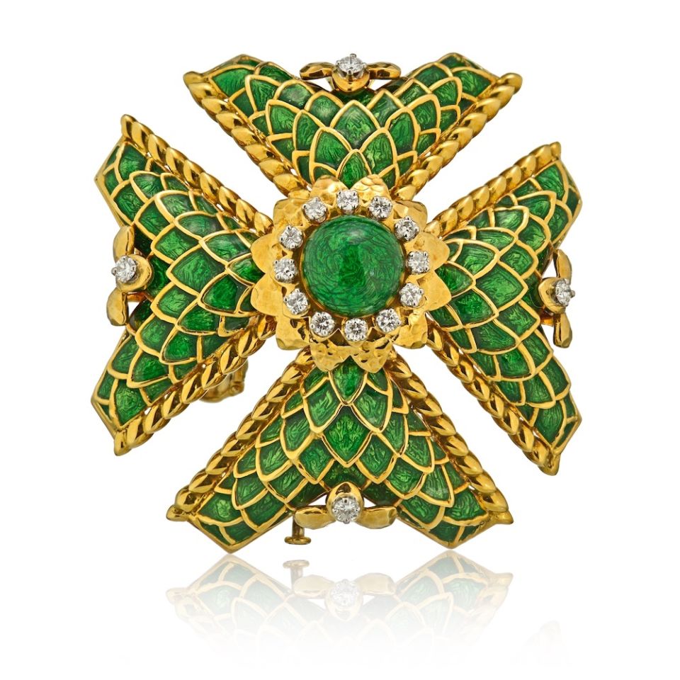 David Webb Maltese Cross 18K Yellow Gold Large Diamond and Green Enamel Pendant - The Back Vault