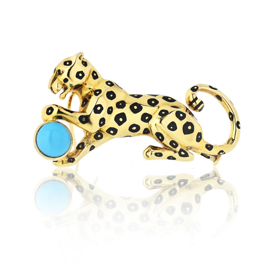 Cartier Panthere 18K Yellow Gold Panther with Turquoise Ball Brooch The Back Vault