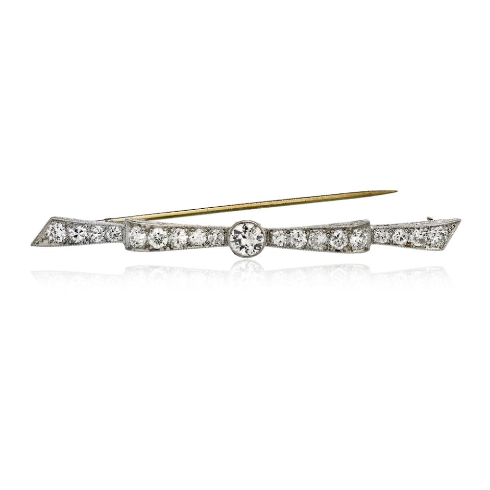 Art Deco Platinum 2.50 carat Diamond Bow Bar Pin Brooch - The Back Vault Jewelry