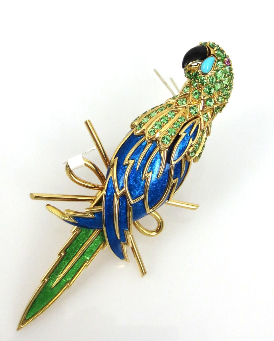 Tiffany & Co. Schlumberger 18K Yellow Gold - Peridot and Blue Enamel Parrot Brooch - The Back Vault