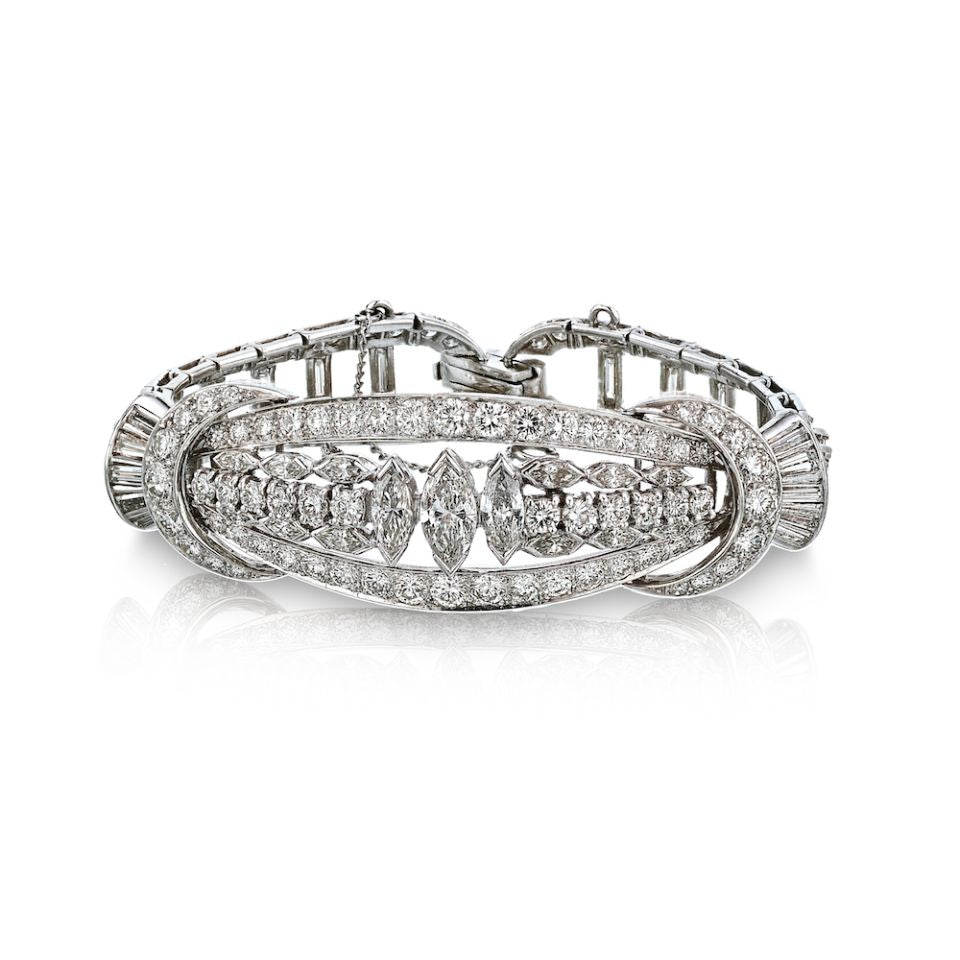 Art Deco Platinum Baguette, Round And Marquise Cuts Diamond Bracelet - The Back Vault