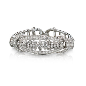 Art Deco Platinum Baguette, Round And Marquise Cuts Diamond Bracelet