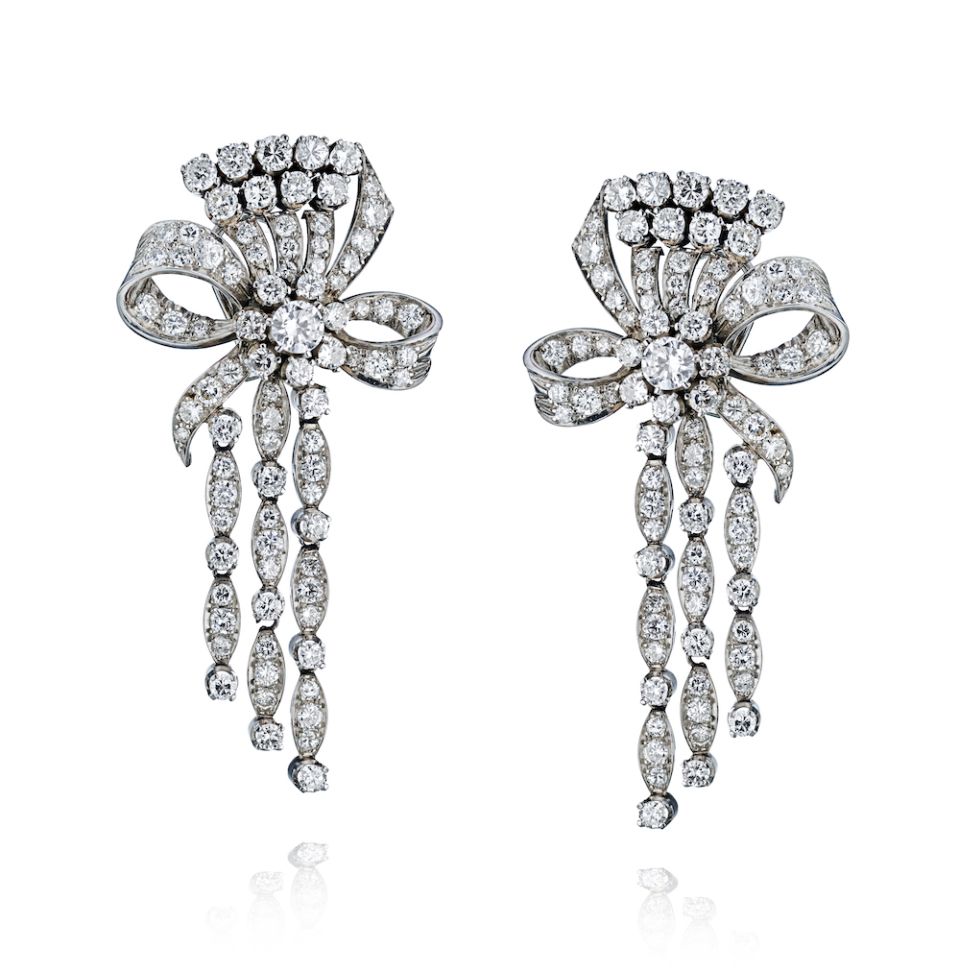 Retro Platinum 13 carat Bow Diamonds Hanging Earrings - The Back Vault Jewelry