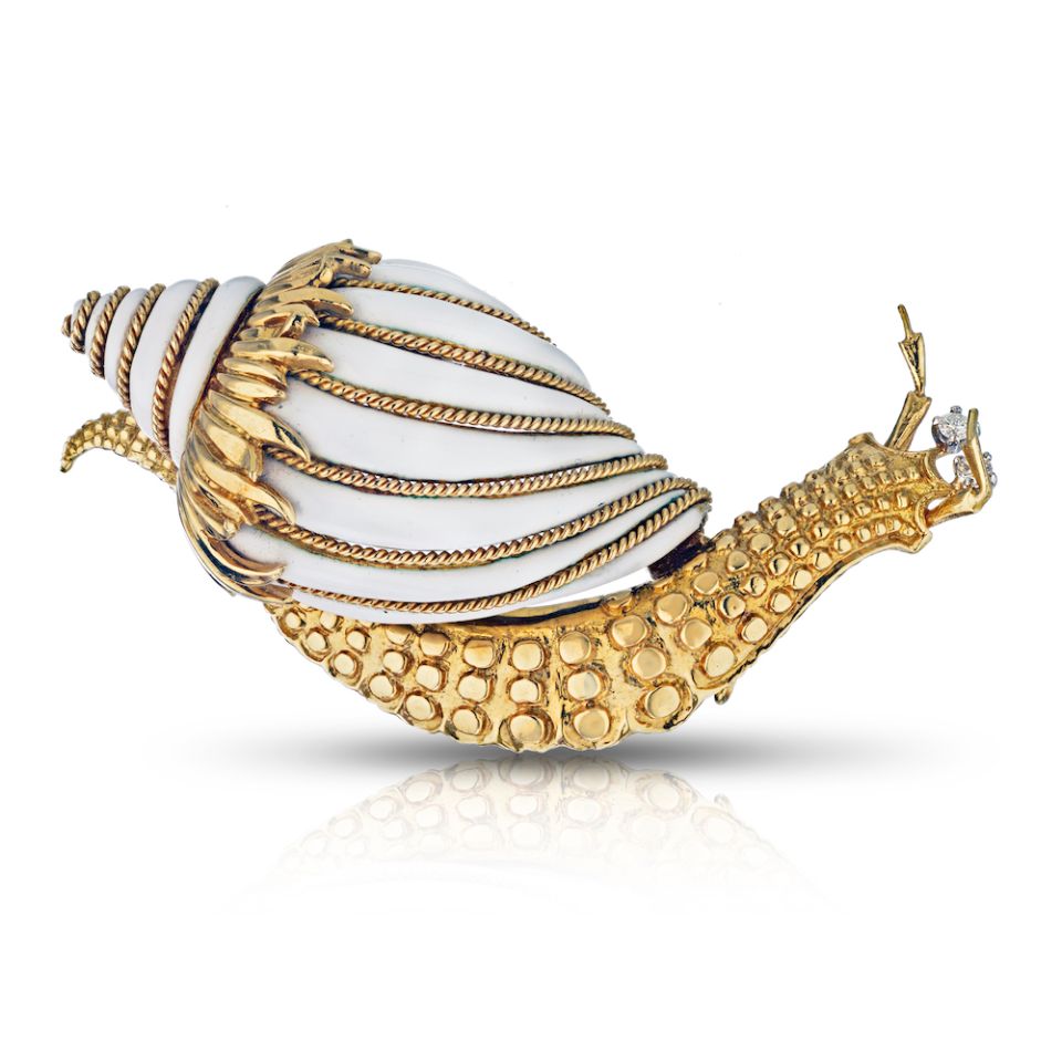 David Webb Snail 18K Yellow Gold White Enamel Vintage Brooch - The Back Vault