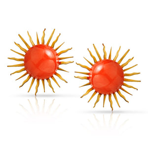 18K Yellow Gold Round Orange Coral Sunburst Sunshine Clip-On Earrings