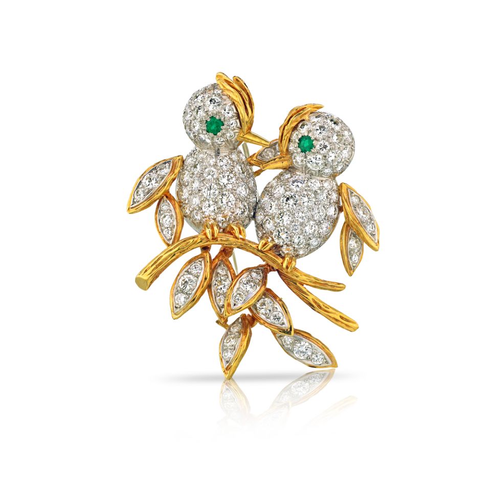 French Platinum & 18K Yellow Gold Bird's on Branch Diamond Brooch - The Back Vault