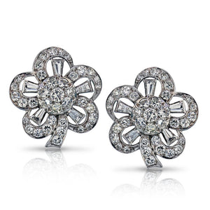 Retro Platinum 8.50 carat Baguette, Round Cut Diamond Flower Earrings