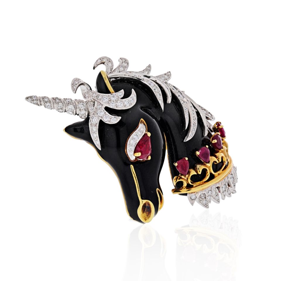 David Webb Unicorn Platinum & 18K Yellow Gold Unicorn Black Enamel, Ruby, Diamonds Brooch - The Back Vault