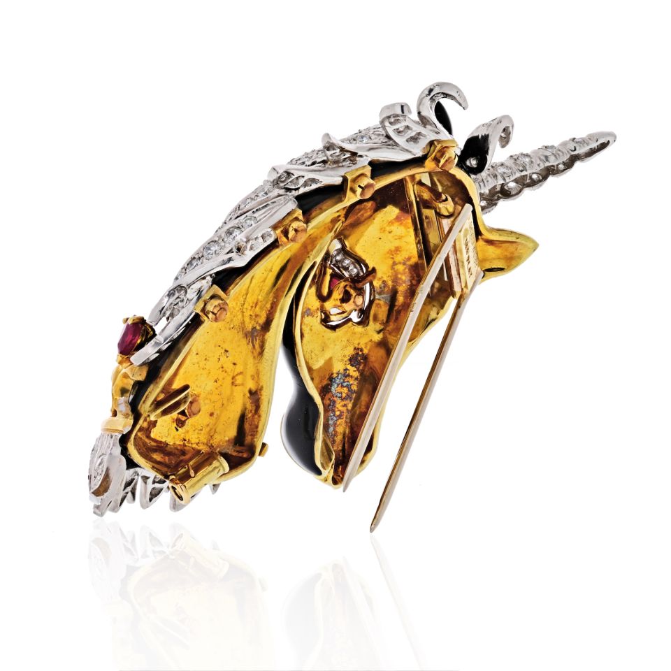 David Webb Unicorn Platinum & 18K Yellow Gold Unicorn Black Enamel, Ruby, Diamonds Brooch - The Back Vault