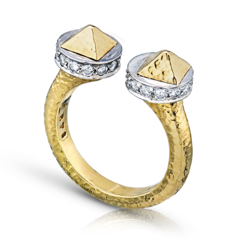 David Webb Bastille Platinum & 18K Yellow Gold Hammered Finish and Diamond Ring - The Back Vault