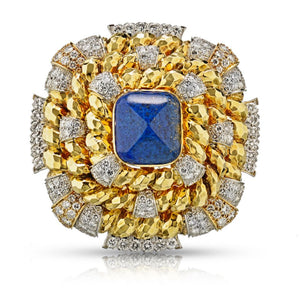 David Webb Hammered F Platinum & 18K Yellow Gold Lapis and Diamonds Brooch