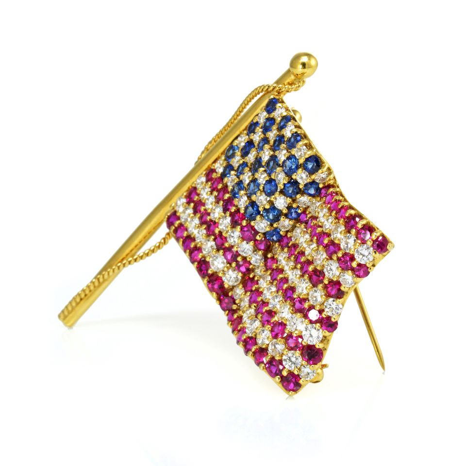 Tiffany & Co. 18K Yellow Gold American Flag with Diamonds Rubies & Sapphires Brooch - The Back Vault Jewelry