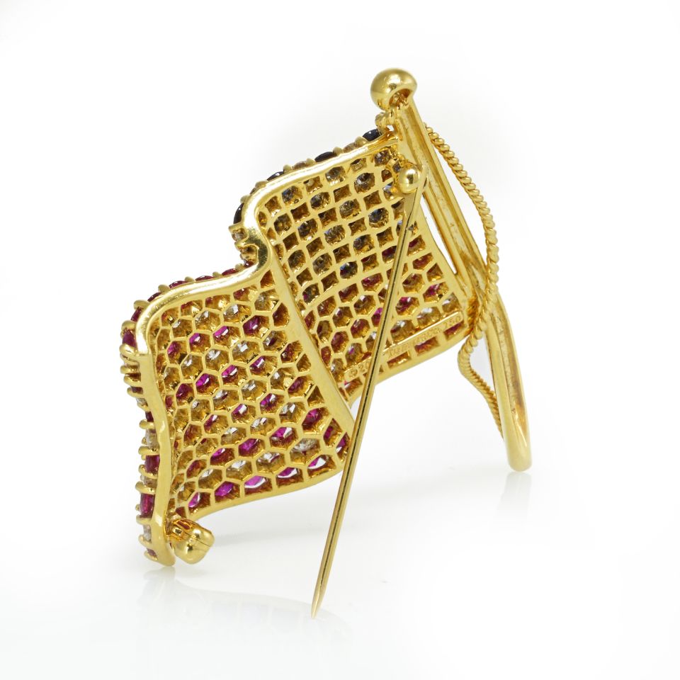 Tiffany & Co. 18K Yellow Gold American Flag with Diamonds Rubies & Sapphires Brooch - The Back Vault Jewelry