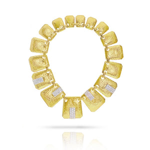 David Webb 18K Yellow Gold Hammered Finish Palette Diamond Collar Necklace