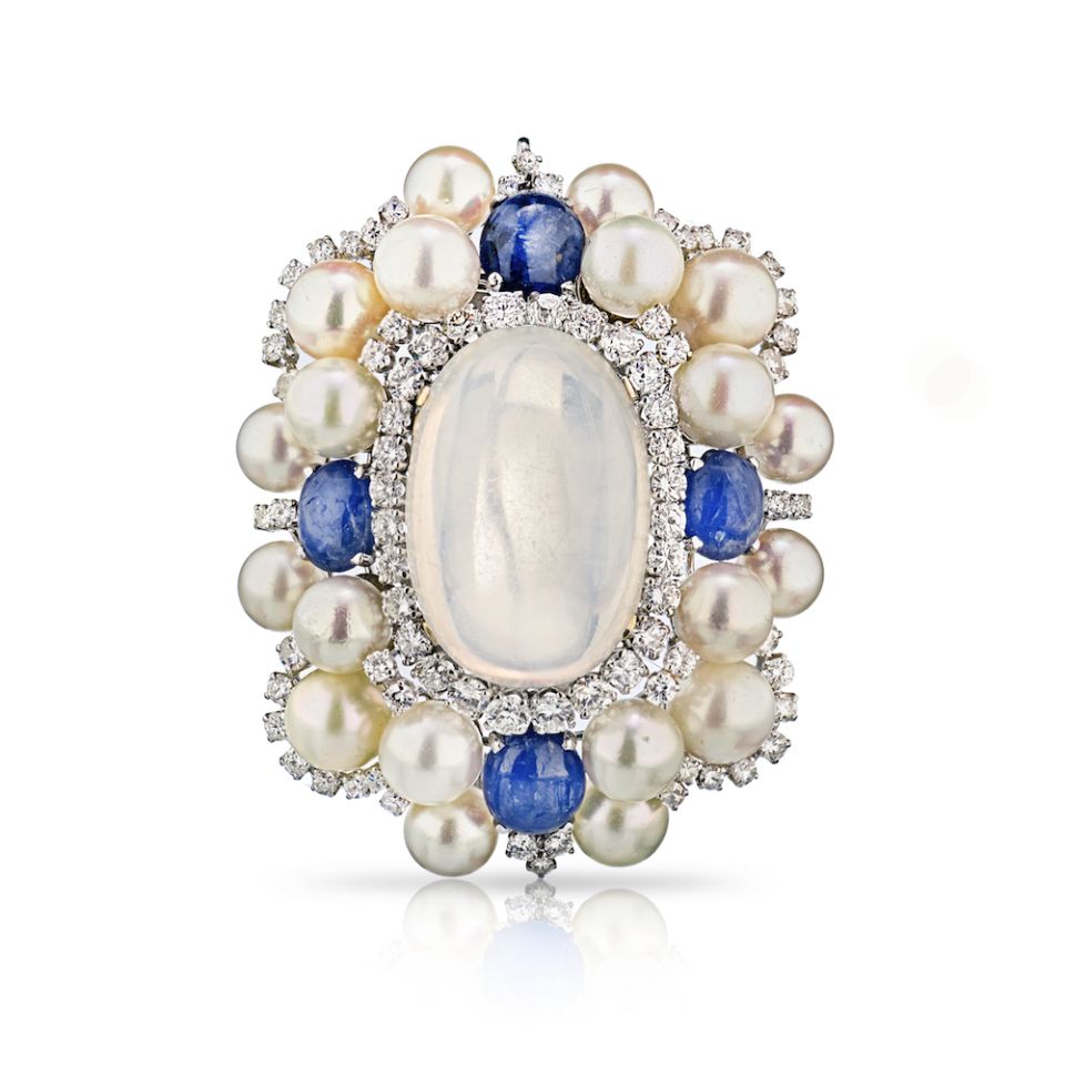 David Webb Circa 1960's Platinum Moonstone,Sapphire and Diamonds Brooch - The Back Vault