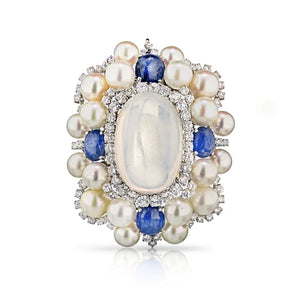 David Webb Circa 1960's Platinum Moonstone,Sapphire and Diamonds Brooch