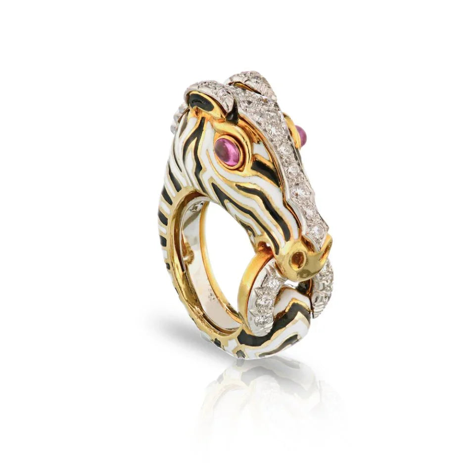 David Webb Platinum & 18K Yellow Gold Diamond and Enamel Zebra Ring ...