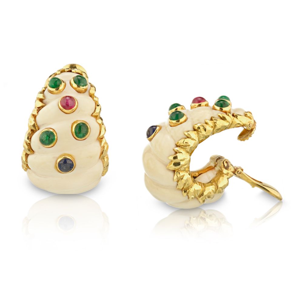 David Webb 18K Yellow Gold 1970's Ivory, Sapphires, Emeralds, Ruby Clip Earrings - The Back Vault