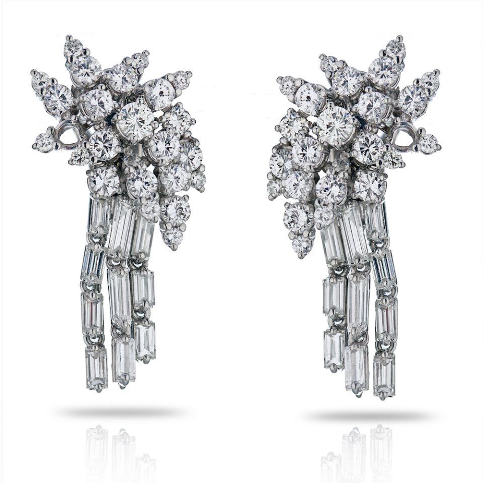 Circa 1960's Platinum 6.50 Carat Waterfall Diamond Earrings - The Back Vault Jewelry