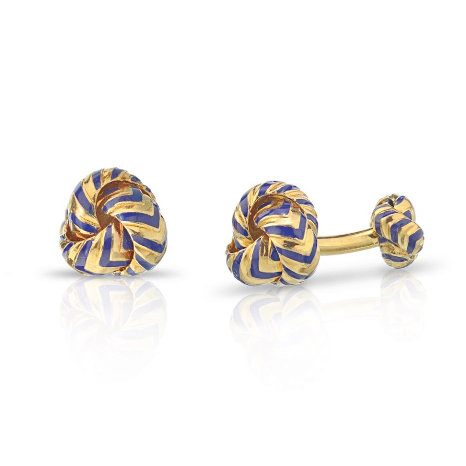 Tiffany & Co. 18K Yellow Gold Chevron Blue Enamel Knot Cuff Links - The Back Vault