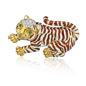 David Webb Platinum & 18K Yellow Gold Tiger Red,White Enamel Diamonds Brooch