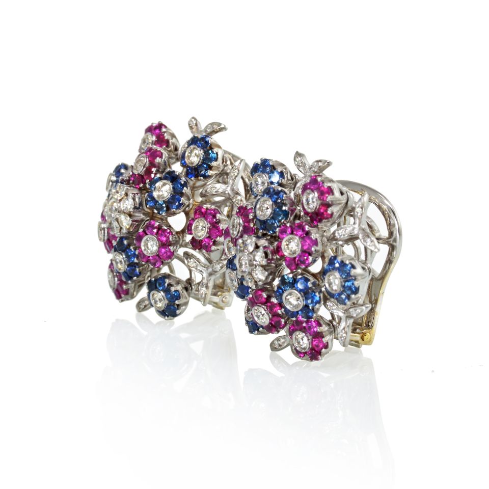 Cartier Tremblant 18K White Gold Diamond, Sapphire and Ruby Clip-On Earrings - The Back Vault