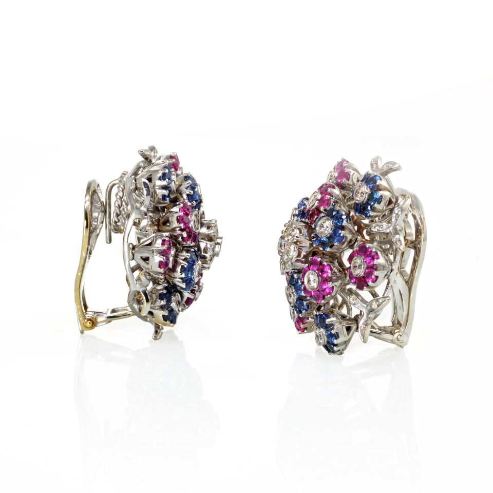 Cartier Tremblant 18K White Gold Diamond, Sapphire and Ruby Clip-On Earrings - The Back Vault