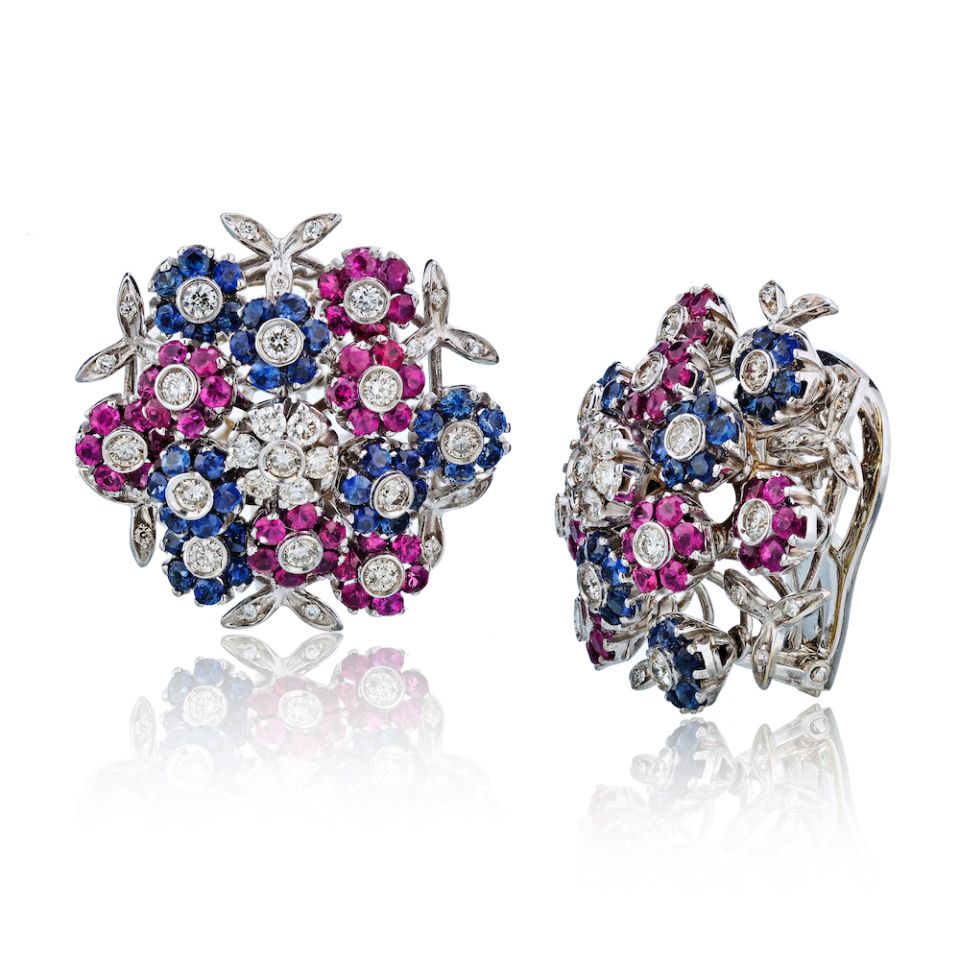 Cartier Tremblant 18K White Gold Diamond, Sapphire and Ruby Clip-On Earrings - The Back Vault