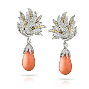 Platinum & 18K White Gold 7 carat Diamond And Drop Coral Earrings