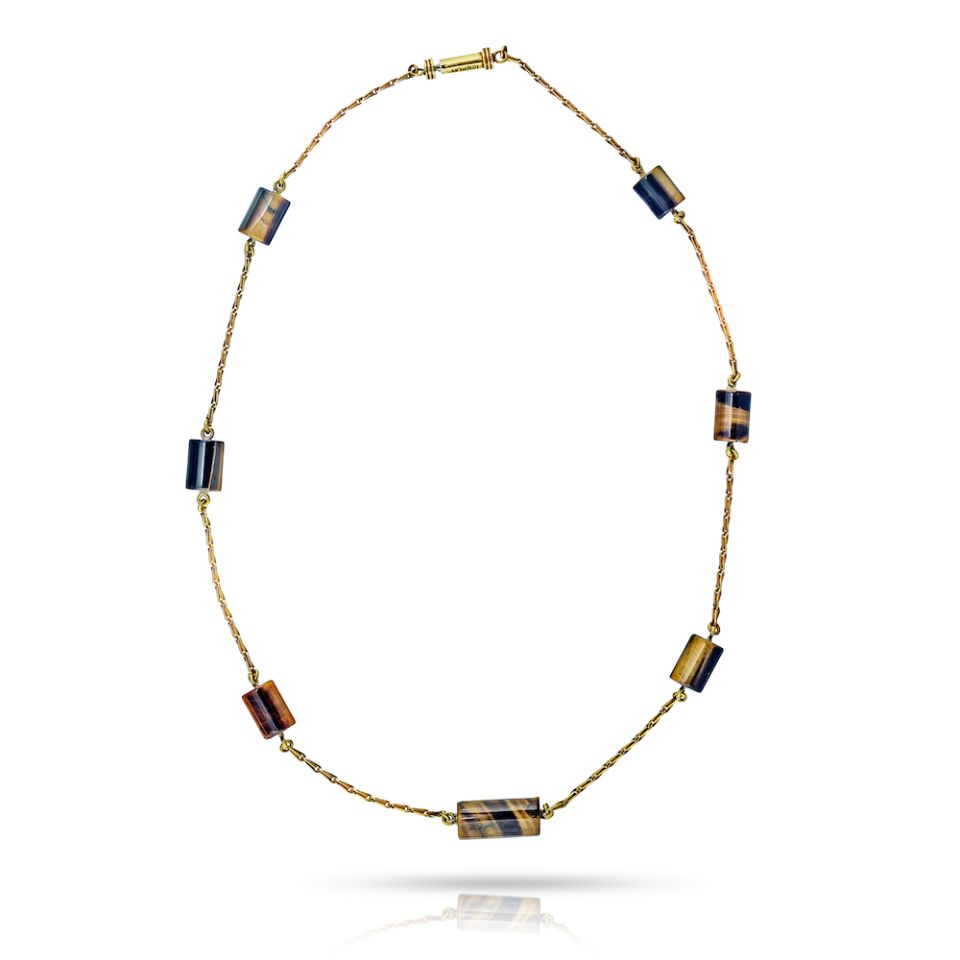 David Webb Circa 1970's Platinum & 18K Yellow Gold Tiger Eye Station Chain Necklace - The Back Vault