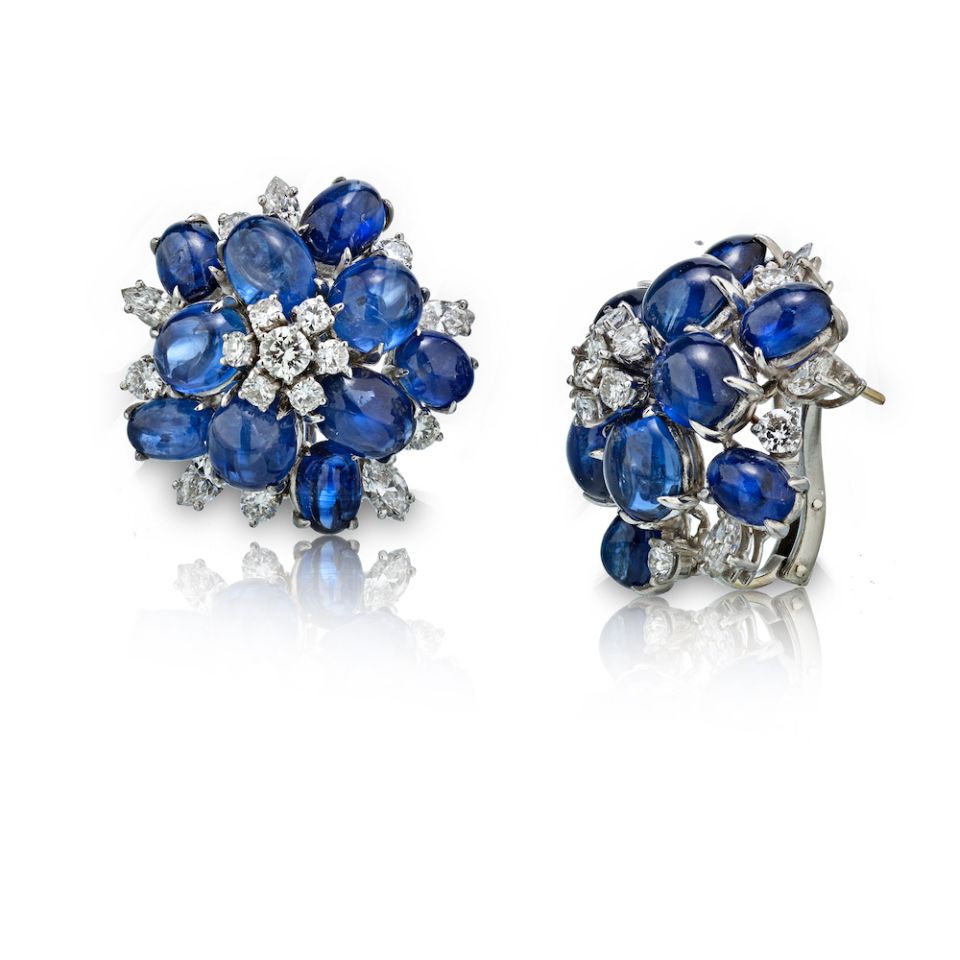 Circa 1960's Platinum Cabochon Sapphire and Diamond Earrings - The Back Vault