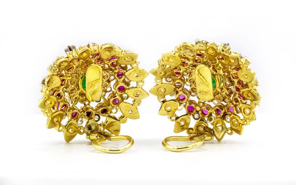 Circa 1960's 18K Yellow Gold Diamond Emerald & Ruby Earrings - The Back Vault Jewelry