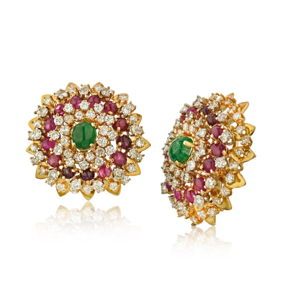 Circa 1960's 18K Yellow Gold Diamond Emerald & Ruby Earrings - The Back Vault Jewelry