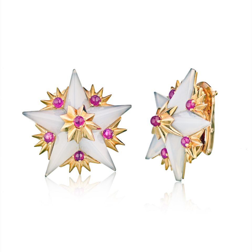 Tiffany & Co. Schlumberger 18K Yellow Gold French Agate, Ruby Star Earrings - The Back Vault Jewelry