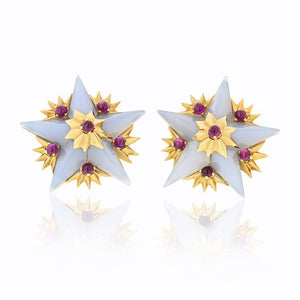 Tiffany & Co. Schlumberger 18K Yellow Gold French  Agate And Ruby Star Clip-On Earrings